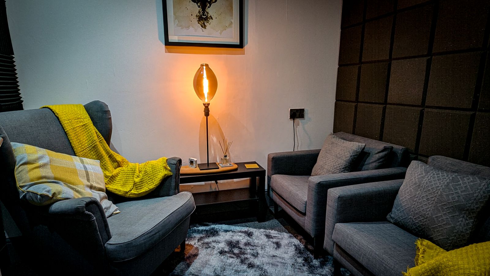 A quiet, lamplit corner of Clarity Wellbeing Clinic in Nuneaton